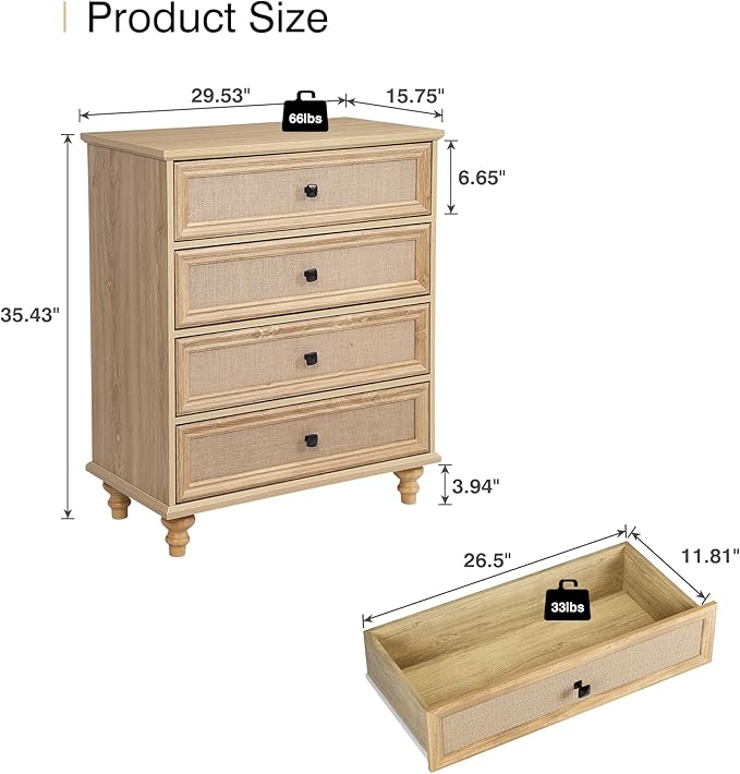 ORRD 8 Drawer Dresser for Bedroom, Mid Century Modern Wide Wood Rustic Chest of Drawers Wooden Storage Organizer Dressers with Burlap Rattan Drawers for Living Room, Hallway Closet, Entryway, Natural