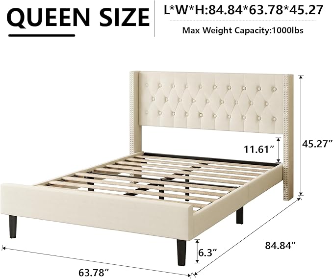 Queen Size Bed Frame, Upholstered Platform Bed with Wingback Headboard, Velvet Button Tufted, Easy Assembly, No Box Spring Needed, Beige