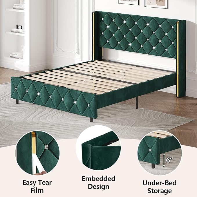 HOMBCK Full Bed Frame with Headboard, Velvet Upholstered Bed with Diamond Tufted Design, Mordern Bed Frame with Wingback and Wooden Slats Suppor, No Box Spring Required, Easy Assembly, Green
