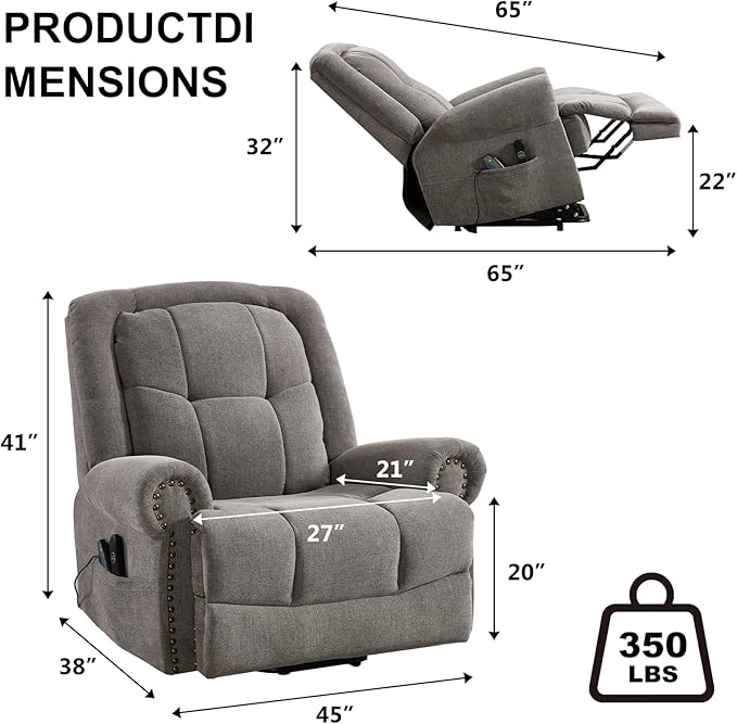 Oversize Power Lift Recliner with Massage and Heat for Adult, Reclining Chair for Living Room Bedroom, Ergonomic Electric Wider Chair with USB Port and Side Pocket (1, Gary)