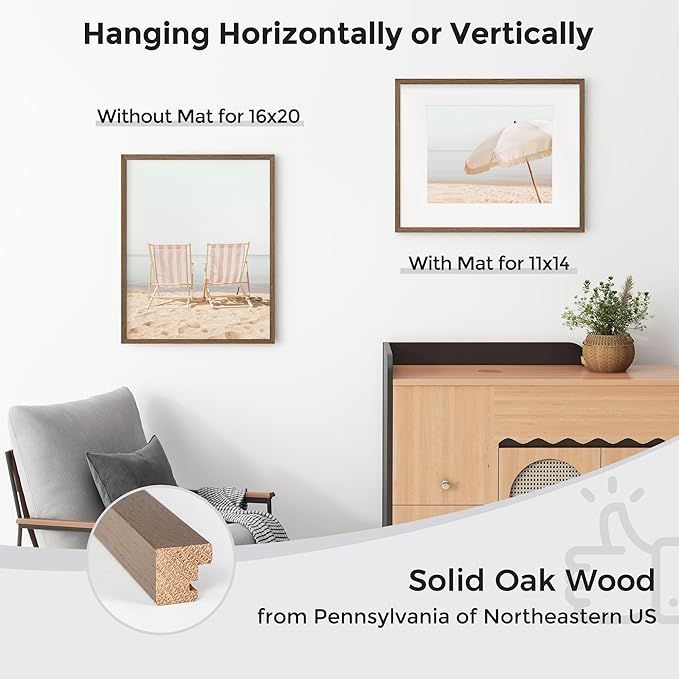 Axeman 16x20 Picture Frame with Mat for 11x14, Solid Oak Wood Poster Frame with Tempered Glass for Home Decor, Wooden 16x20inch Photo Frame for Art Photo and Prints, Set of 2, Walnut