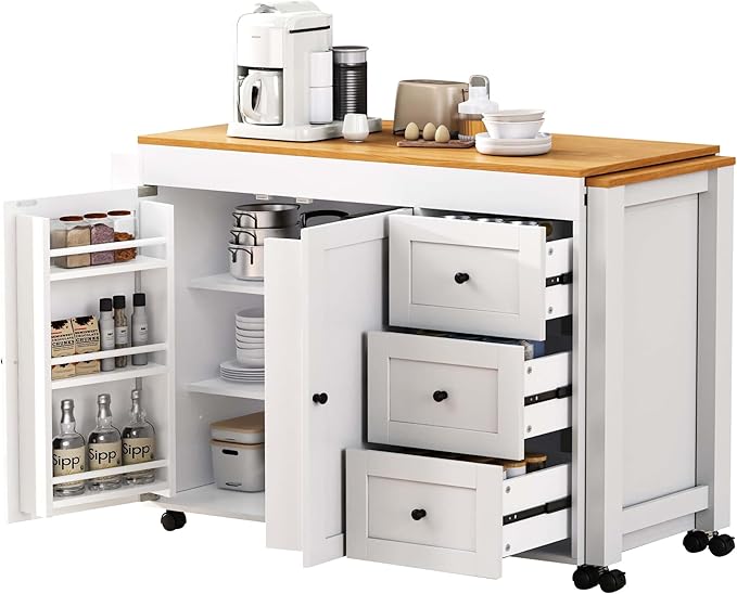 Rolling Kitchen Island on Wheels with Extendable Dining Table, Kitchen Storage Cart with 3 Drawers and Spice Rack, White