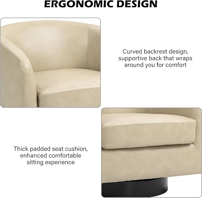 Swivel Barrel Accent Chair, Modern Round Faux Leather Arm Chair for Living Room, Bedroom, Comfy Club Reading Chairs for Adults(Faux Leather, Cream, Set of 2)