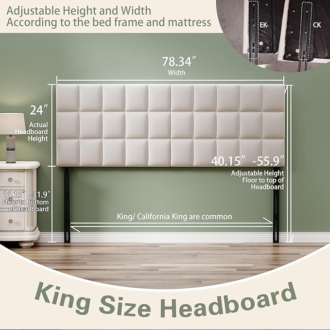 Andeworld Velvet Upholstered Tufted King Size Headboard,Wood Head Board with Metal Legs, Adjustable Height from 42” to 56”, Bed Headboard in Modern Design,Backboard for Bed, Beige