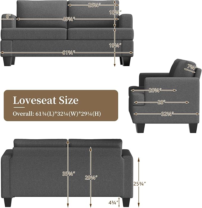 Furnimart 62" Loveseat Couch, Modern Love Seat Sofa, Comfy Deep Seat Sofa for Living Room, Small Couches for Small Spaces, 2 Seater Couch for Bedroom, Linen Dark Grey