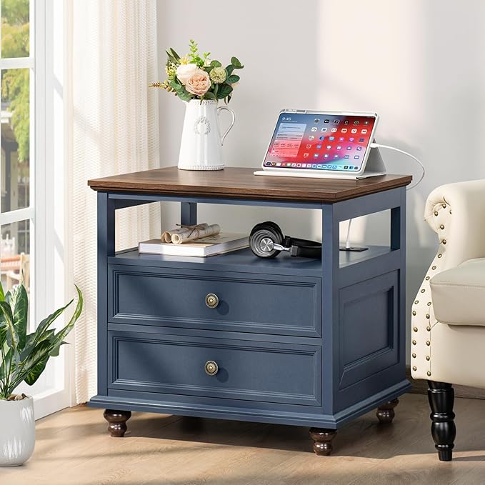 Farmhouse Nightstand with Charging Station, 24" Wide End Table with 2 Drawers, Blue Dresser for Bedroom, Bed Side Table Chest of Drawers Cabinet,Wood Night Stand for Living Room, Closet