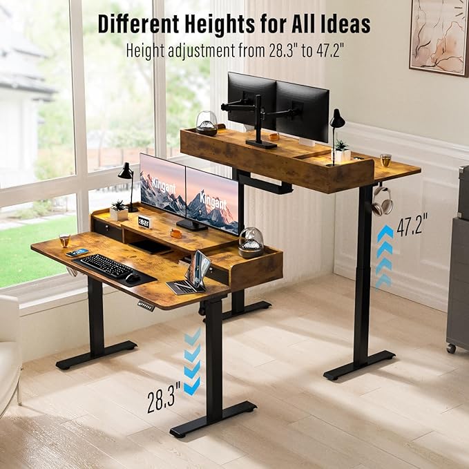 Kingant 55" x 30" Standing Desk with Drawers, Large Desktop, Ergonomic Sit Stand Desk for Home Office Work, Cable Management, 3 Preset Heights & 2 Hooks, Rustic Brown