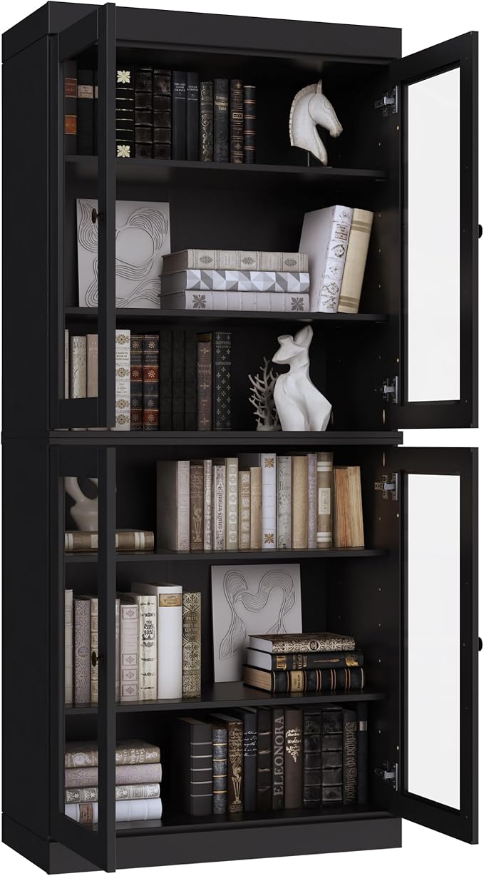 Palace Imports Solid Wood Bookcase - 6-Tier Bookshelf, 71.5” H x 32” W - Black, Clear Glass Cabinet Doors & Adjustable Shelves, Tall Bookcase, 100% Renewable Eco-Friendly Wood, Made in Brazil