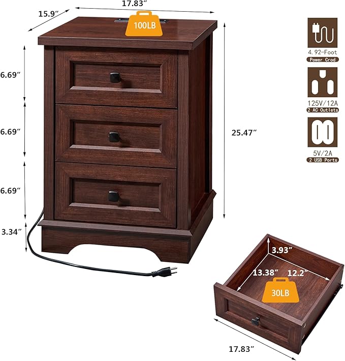 SOOWERY Dresser for Bedroom, Farmhouse Dresser with 3 Wooden Drawers and Storage Cabinet, 25 Inches Tall Side Table Chest of Drawers for Bedroom, Living Room, Hallway, Dark Cherry
