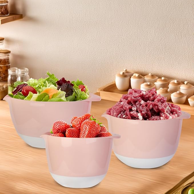 3 Mixing Bowls Set with Lids,Pour Spout and TPR Bottom, Plastic Nesting Bowl Use for Kitchen Cooking-Prep,Serving,Baking Bread Cake,Pancake,Waffle,Non-slip,Dishwasher Safe,3Qt,2Qt,1.5Qt,Pink