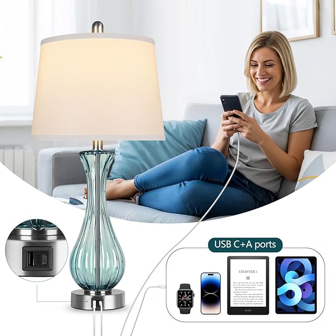 27.5" Coastal Glass Table Lamp Set of 2, 3-Way Dimmable Full Touch Control Beach Lamp with USB A+C Port, Blue Glass Nautical Bedside Lamp with White Shade for Living Room Bedroom(LED Bulbs Included)