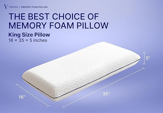Vaverto King Size Gel Memory Foam Pillow: Ventilated, Orthopedic, Contoured Support, Cooling Design with Viscose Made from Bamboo Cover - Dorm Room Essential, Original White