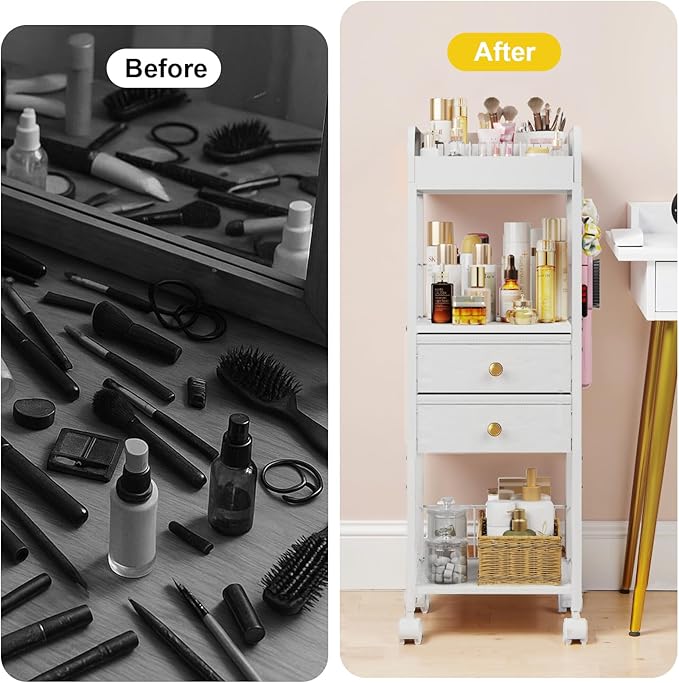 Floor Makeup Organizer with Lockable Wheels & 8 Dividers, 2-Drawer Rolling Skincare Cart for Cosmetics/Perfume/Nail Polish, Mobile Vanity Storage - White (Bathroom/Bedroom Use)