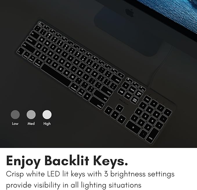 Macally Backlit Wired Keyboard for Mac | Compatible Apple Keyboard with Numeric Keypad | Comfortable All Day Typing, Compatible on MacBook Pro/Air, iMac, Mac mini/Pro - Silver