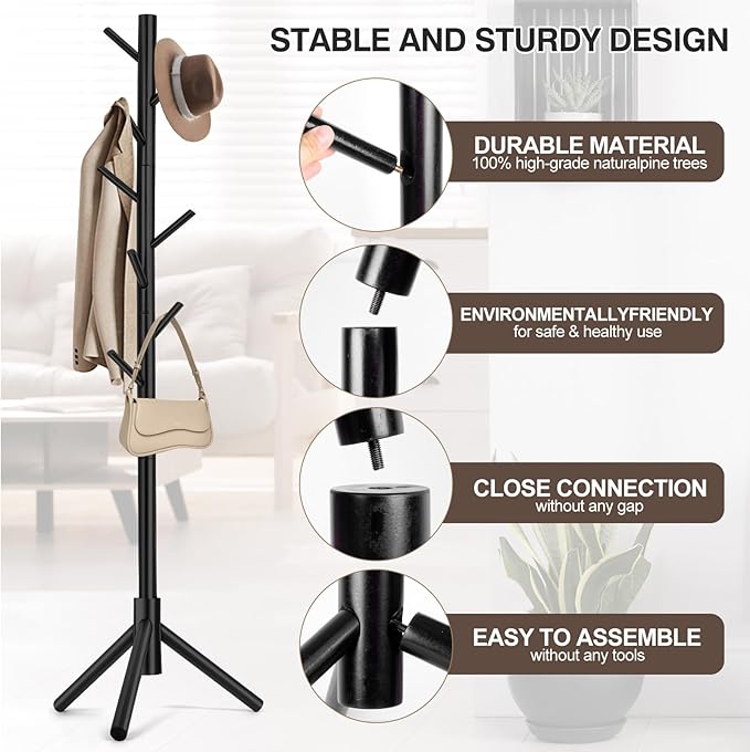 2 PCS Coat Rack, Freestanding Coat Rack with 8 Hooks and 3 Adjustable Size Tree Coat Racks for Bedroom, Hallway, Entrance, Office, for Hats, Coats, Scarves, Handbags