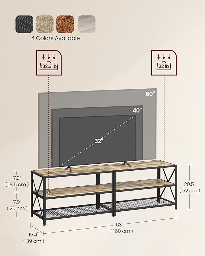 VASAGLE TV Stand, TV Console for TVs Up to 70 Inches, TV Table, 63 Inches Width, TV Cabinet with Storage Shelves, Steel Frame, for Living Room, Bedroom, Turquoise Brown and Black ULTV095B60