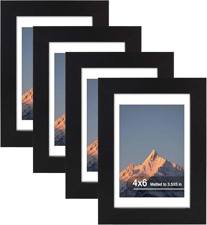 4x6 Picture Frame Set of 4, High Definition Real Glass, Display Pictures 3.5x5 with Mat or 4x6 Without Mat, Gallery Wall Hanging or Tabletop Photo Frames, Black