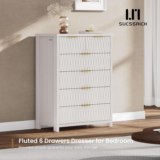 6 Drawers Dresser, 43.7" Tall Drawers for Bedroom, Extra-Thick Tabletop & Frame, Modern Chest of Wood Drawer Organizer for Bedroom, Living Room, Hallway, Closet, Beigewhite