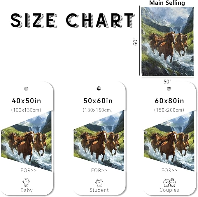 Running Horses Blanket, Cozy Flannel Stallions in Mountain Stream Throw Blanket for Couch Outdoor, Plush Soft Lightweight Travel Blankets for Bed Decor and Gifts, for Women Adults Kids 60"x80"