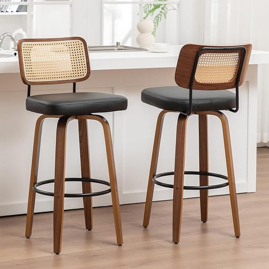 Bar Stools Set of 2 - 30 inch Rattan Swivel Bar Stools with Walnut Craftsmanship, Curved Rattan Back, Upholstered Seat, Mid Century Modern BarStools for Bar/ Pub/Island/Cafe (30" Seat Height, Black)