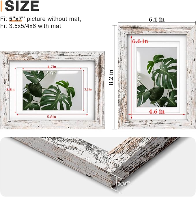 Egofine 5x7 Picture Frame Made of Solid Wood, Covered by Plexiglass Display Pictures 3.5x5/4x6 with Mat or 5x7 Without Mat for Table Top Display and Wall Mounting Photo Frame, Rustic White