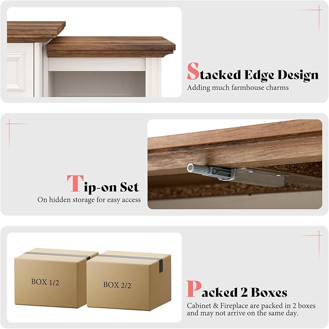 AMERLIFE 70" Fireplace TV Stand with Mantel, Farmhouse Wood Entertainment Center with 3-Sided Glass Fireplace for TVs up to 75", Adjustable Shelves & LED Lights, Distressed White