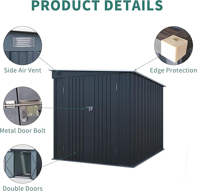 6x8FT Galvanized Steel Outdoor Storage Shed with Lockable Double Doors, Metal Lean to Shed with Free PC Light Board for Tools, Bikes & Patio Essentials (Without Floors)