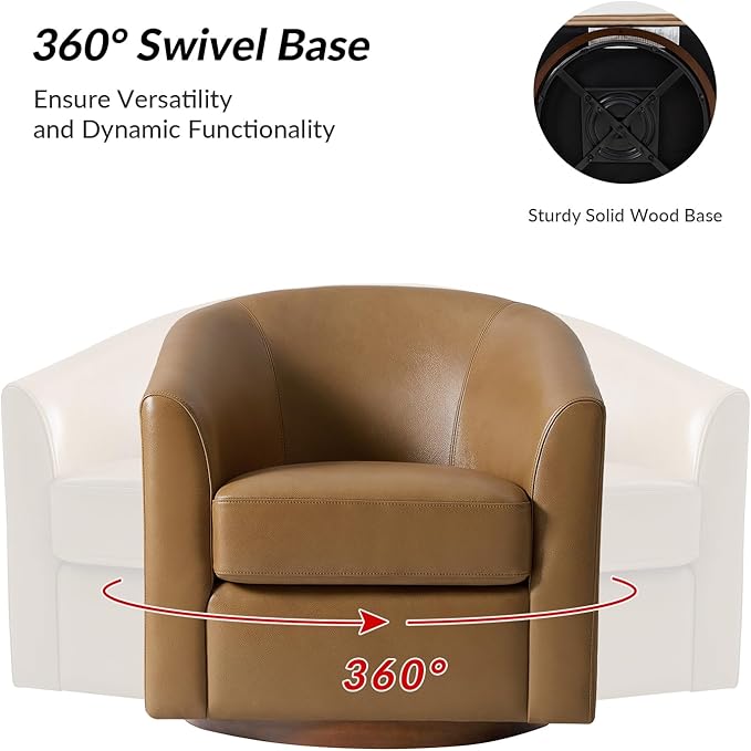 HULALA HOME Genuine Leather Swivel Accent Chair with Solid Wood Base, Round Swivel Barrel Chair for Living Room and Bedroom, Camel