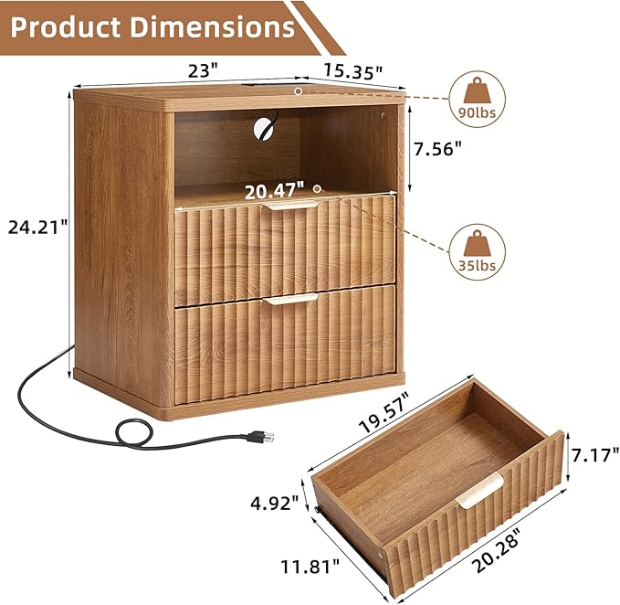 LEYAOYAO Fluted Nightstand Set of 2 with Charging Station,23" Modern Nightstand with Woodgrain Top, 2 Drawer End Table w/Storage, BedsideTables for Bedroom, Living Room, Curved Profile,Brown