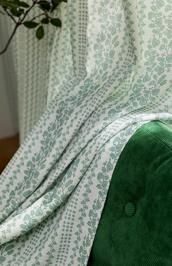 Linen Blend Pinch Pleated Curtains for Living Room, Bedroom, Dining Room - Light Filtering Curtains 2 Panels Set - Luxury and Modern Floral Printed Design - Summer Green, 30" W x 84" L