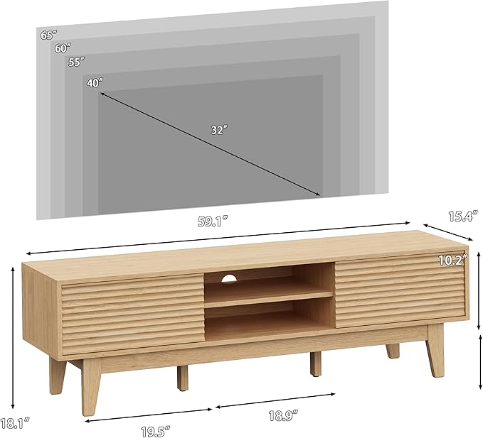Fluted TV Stand for 55 65 Inch TV, Mid Century Modern Entertainment Center with Shelves, Cabinets & Sliding Doors, TV Media Console Table with Wood Feet & Cord Holes for Living Room, Bedroom, Natural