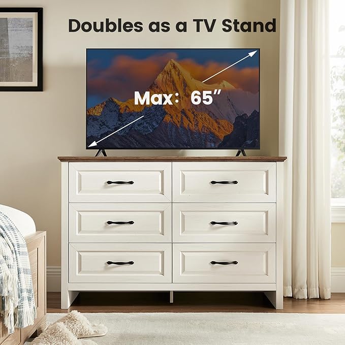 Amada Farmhouse 6 Drawer Dresser for Bedroom, 47.2 Inch Wide Wood Dresser with Natural Texture, Large Drawers, Rustic Farmhouse Chest of Drawers for Bedroom, Living Room, Hallway, Brown & White