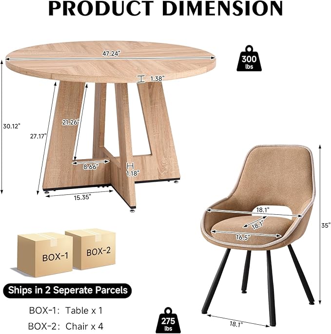 47" Round Dining Room Table Set for 4, [Fanned Base] [1.38" Thick Top] Wood Kitchen Table with 4 Swivel Dining Chairs