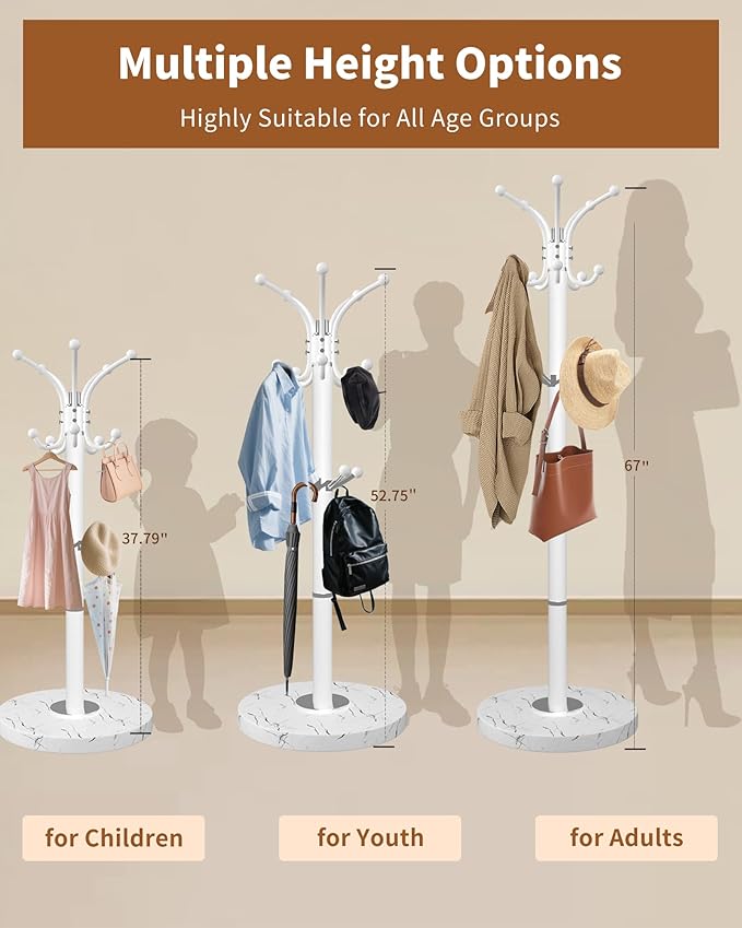 Metal Coat Rack with Natural Marble Base,360°Rotary Coat Rack Stand with 14 Hooks,Modern Freestanging Coat Racks for Entryway,Office,White Coat Jacket Hanger Tree Stand for Coats, Scarves