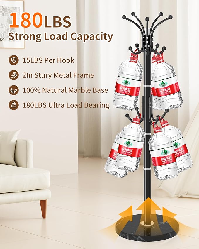 EZIVIEZ Modern Coat Rack Stand, Metal Freestanding Coat Rack with Natural Marble Base, Coat Racks with Umbrella Holder,Coat Hanger Stand with 12 Hooks for Office, Entryway (Black-360° Rotary 14 Hooks)