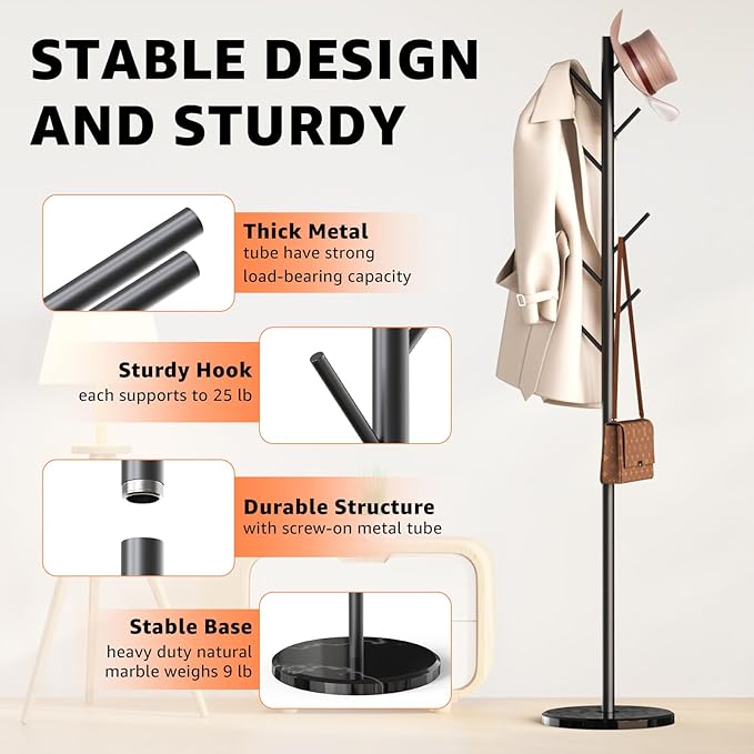 Coat Rack with Natural Marble Base, Metal Freestanding Coat Rack with 8 Hooks, 3 Adjustable Size Sturdy Coat Tree for Bags, Coats, and Hats for Entryway, Hallway, Bedroom, Office, Black
