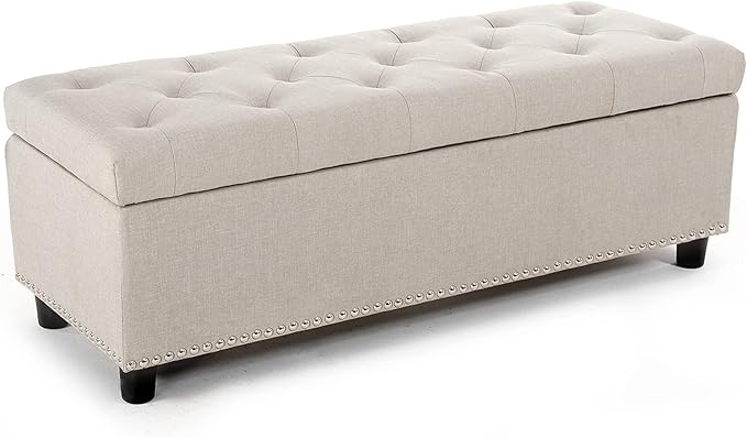 BELLEZE 47" Storage Ottoman, Storage Bench with Safety Close Hinge, Linen Button-Tufted Ottoman for Living Room, Entryway, Hallway, Foot Rest, Support 300lbs - Beige