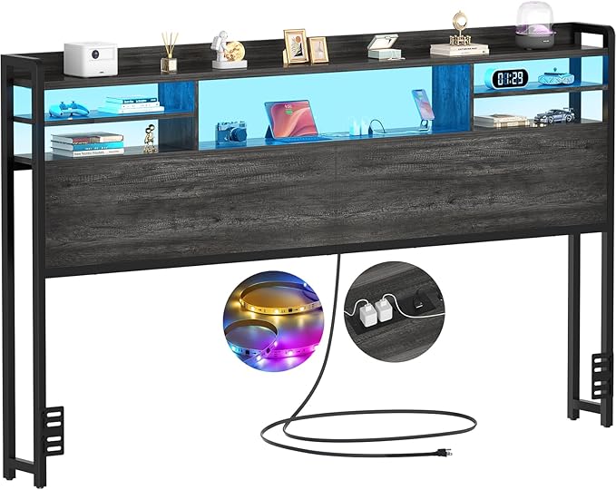 Aheaplus Headboard for King Size Bed with Storage, Headboards with LED Light, Power Outlets, USB Ports King Size Head Board, Wood headboard Only Sturdy and Stable Headboards, Modern, Black Oak