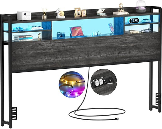 Aheaplus Headboard for King Size Bed with Storage, Headboards with LED Light, Power Outlets, USB Ports King Size Head Board, Wood headboard Only Sturdy and Stable Headboards, Modern, Black Oak