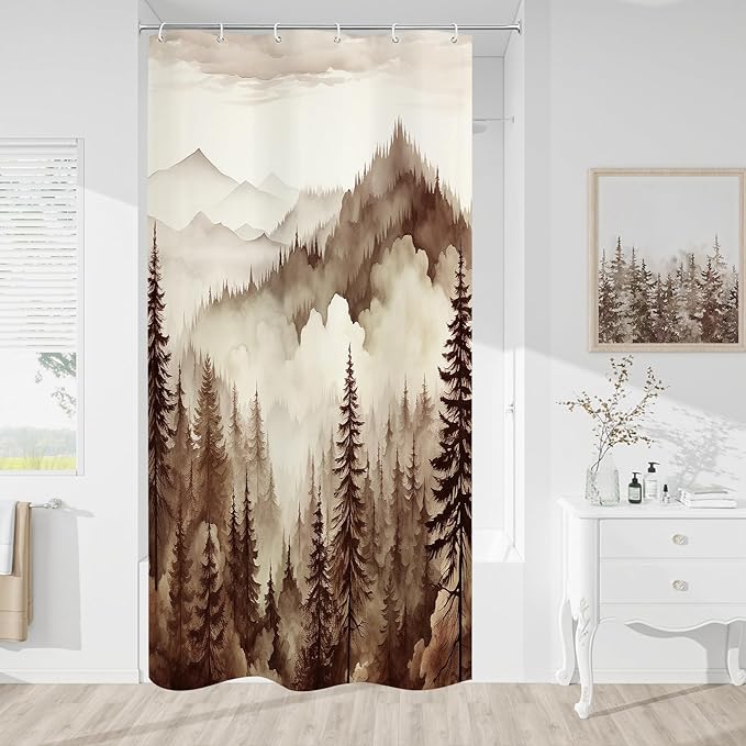 Brown Small Stall Misty Pine Forest Shower Curtain 36 x 72, Tan Mountain Foggy Woodland Scenery Tree Narrow Half Size Shower Curtains for Bathroom, Abstract Waterproof Nature-Themed Decor