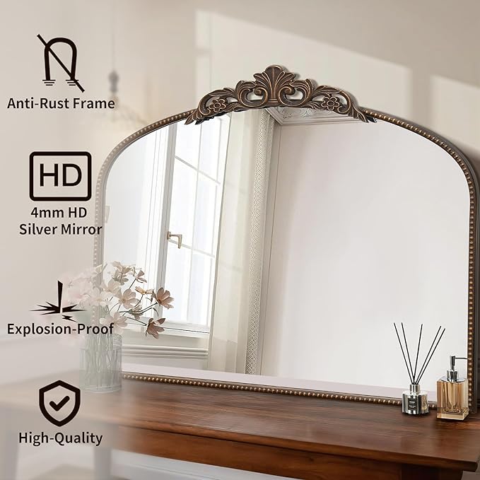 Micasso Bronze Large Vintage Mirror, 40"x 30" French Baroque Antique Arched Wall Mounted Mirror Decorative Ornate Entryway Mirror for Wall Decor, Living Room, Hallway