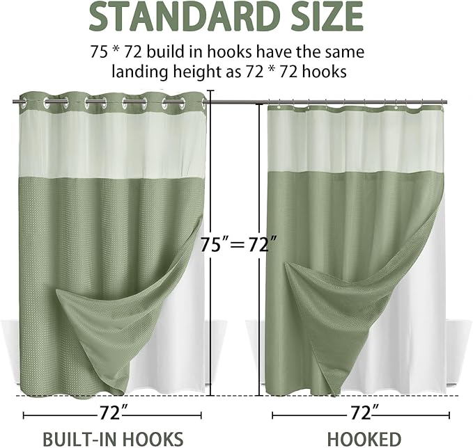 YellyHommy No Hook Shower Curtain with Snap in Liner Set Less Time Waffle Shower Curtain for Bathroom 75" L x 72" W Sage Green