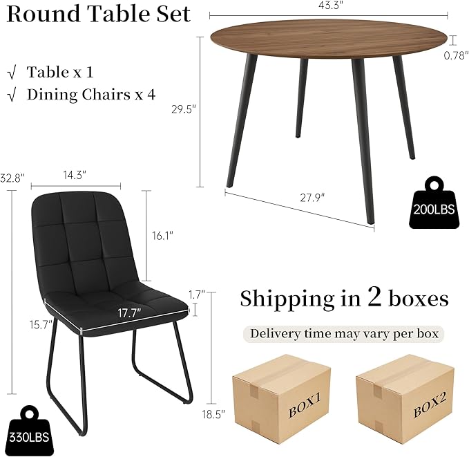 43.3 Inch Round Dining Table Set for 4, Modern Small Kitchen Coffee Set for Dining Room Kitchen Apartment (Walnut Table+4 U-Shaped Black Chairs)