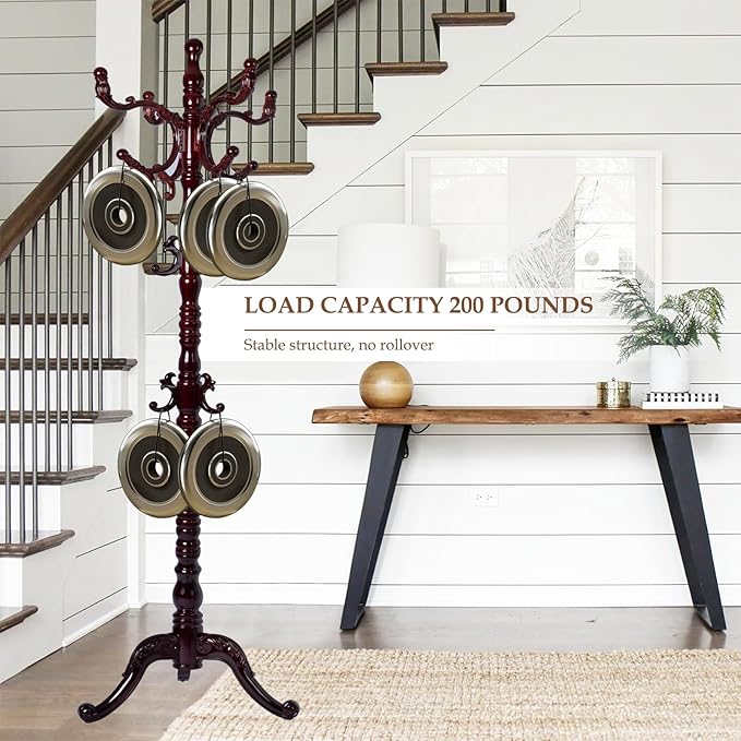 Wood Coat Rack Freestanding, Natural Coats Tree Stand with 14 Hooks, 73" Sturdy and Easy Assembly Coat Rack Stand for Entryway, Hallway, Bedroom, Bags, Hats (Tri-legged Base, Rosewood)