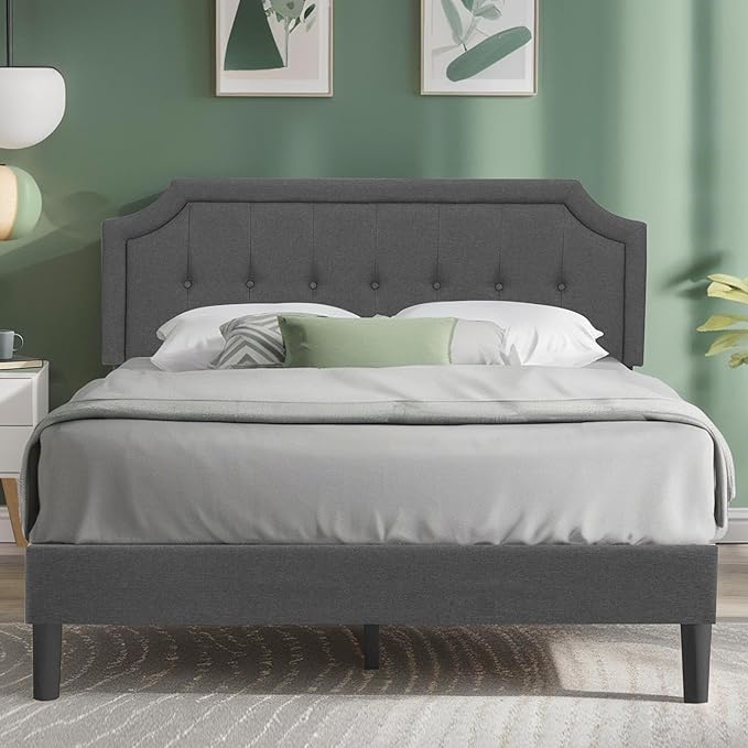 VECELO Queen Size Platform Bed Frame with Fabric Upholstered Headboard and Wooden Slats Support, No Box Spring Needed/Easy Assembly,Grey