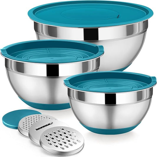 P&P CHEF Mixing Bowl with Lids Set of 3, Stainless Steel Nesting Salad Bowls for Serving Preparing, 3 Grater Attachments & Non-Slip Bottoms, Size 1.5/2.6/4.6 QT, Blue