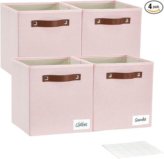 Collapsible Fabric Storage Cube Bins with 2 Reinforced PU Handles, Foldable Storage Organizer Baskets for Closet, Shelves, Living Room | 11"x11"x11", 4 Pack, Full Pink
