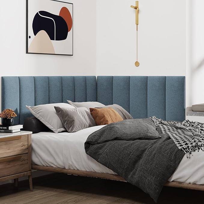 IFNOW Upholstered Wall Mounted Peel and Stick King Size Headboard, Soundproof 3D Wall Panels, Reusable and Removable Tufted Bed Headboard in Dusty Blue (12 Panels, 10" x 24")