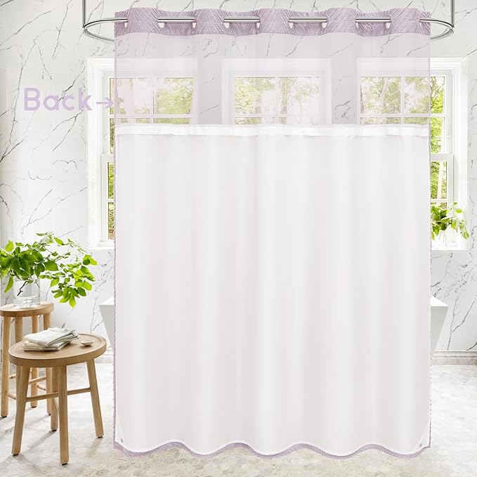 No Hook Extra Long Shower Curtain Set with Snap-in Liner, 86 inch XL Boho Purple Fabric Shower Curtains for Modern Bathroom Decor, Hotel Style Shower Curtain with See Through Top Window