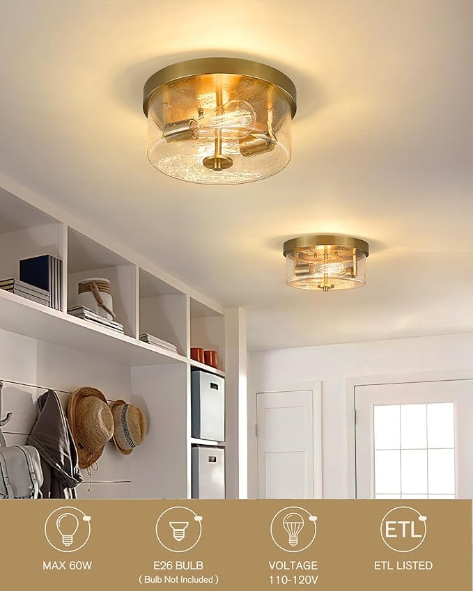 Emak Brushed Gold 2 Light Flush Mount Ceiling Light Fixture, 11 Inch Close to Ceiling Light Fixtures with Seeded Glass Shades for Hallway, Kitchen, Bathroom, Dining Room, FM082-GD